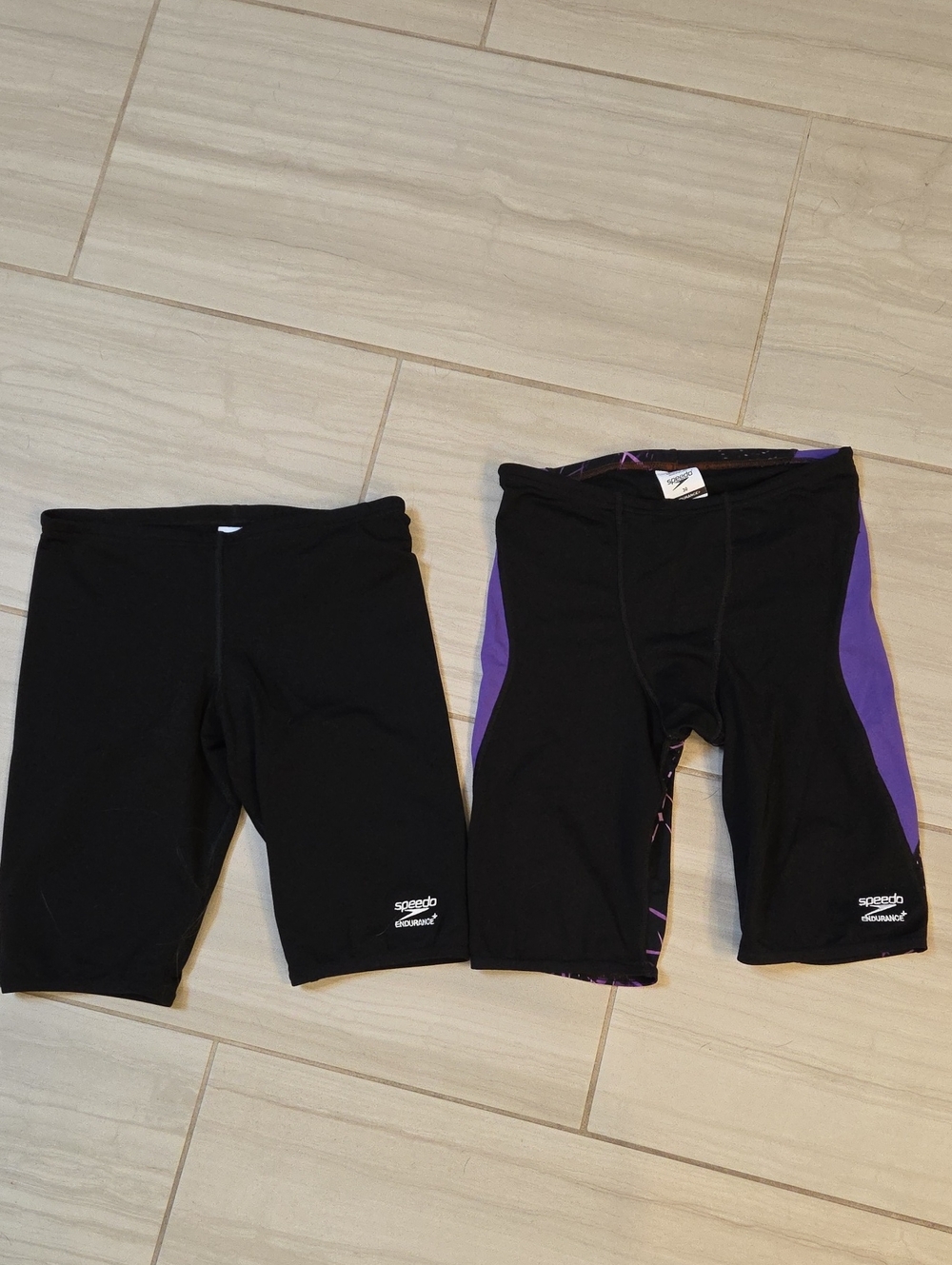 Two Speedo Black Swim Jammers with Purple Side Panels